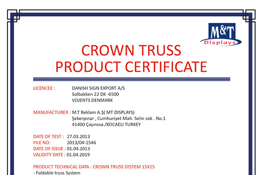 Crown Truss Ürün Sertifikası