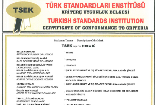 Polikarbonat Levhalar TSEK Belgesi
